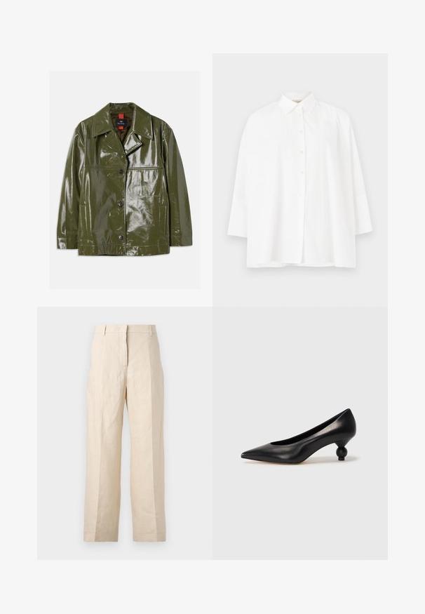 Olīvu zaļš, spīdīgs jaka ar apkakles dekoltē, divām priekšējām kabatām, pogu aizdari un smalku šuvju apdari.; Balta pogca krekls ar klasisku apkakli, garām piedurknēm un brīvu piegriezumu. Gluda kokvilnas auduma, bez redzamām rakstu vai akcentu detaļām.; Bežīgas lina bikses ar brīvu piegriezumu, krokām priekšā un taisnām kājām. Piedāvā jostu ar cilpiņām un bez redzamām kabatām.; Melnas ādas augstpapēžu kurpes ar smailu purngalu un apaļu papēdi. Gluda tekstūra ar elegantu, minimālistisku dizainu.