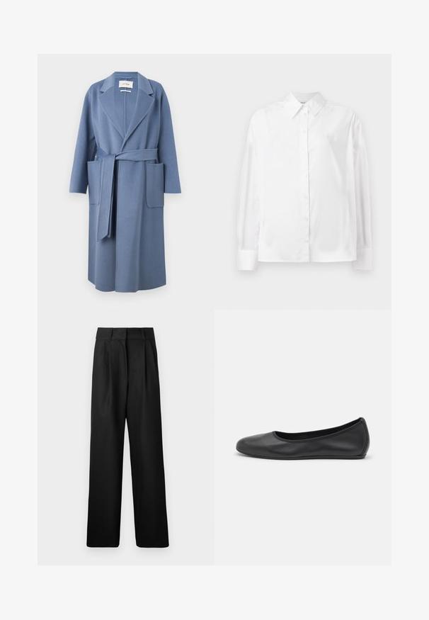 Palton din amestec de lână, de culoare albastru deschis, cu guler tip rever, mâneci lungi, curea la talie și două buzunare frontale; textură netedă și design de lungime până la genunchi.; Cămașă albă cu mânecă lungă, cu nasturi, confecționată dintr-un amestec de bumbac fin. Include o guler clasic, închidere frontală cu nasturi și manșete rotunjite.; Pantaloni negri cu picioare largi, cu o textură fină, având pliere frontale și un design cu talie înaltă. Realizați dintr-un material ușor.; Balerini din piele neagră, cu vârf rotund, textură netedă, detalii de cusătură minimale și un design al tălpii flexibil.