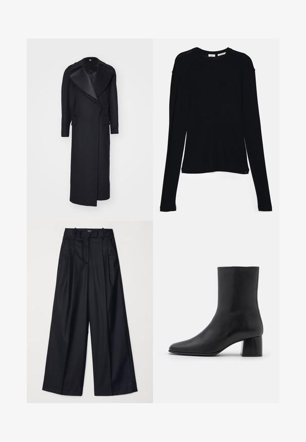 Pikk must villane mantel, millel on terav krae ja esi_taskud. Kohandatud disain koos voolujoonelise silueti ja minimaalseteDetailidega.; Must mustärg pikkade varrukatega topp, mis on valmistatud pehmest kangast. Topil on ümar kaelus ja lõdvem lõige, mille ääres on külgedel lõiked, et liikuda mugavalt.; Mustad laiad püksid, mis on valmistatud sileda kangaga, kõrge vöökoha, voldikute ja vormitud disainiga. Vöökoha juures on lihtne must riistvara.; Must musta ankle boot terava nina ja turske ruudukujulise kontsaga. Sile tekstuur, sujuv disain ja minimaalne õmblus.