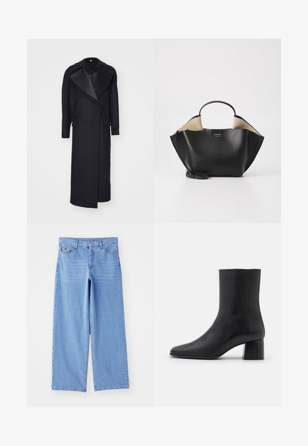 Hosszú fekete gyapjú kabát, éles gallérral és elülső zsebekkel. Szabott dizájn, karcsú sziluettel és minimális részletezéssel.; Fekete, hosszú ujjú felső, puha szövetből készült, kerek nyakkivágással és laza szabással, az alján oldalhasítékokkal a mozgás könnyítése érdekében.; Világoskék, bő szárú farmernadrág, klasszikus öt zsebes kialakítással és gombos felső záródással. Sima textúra, szétszedett szegély.; Fekete bőr bokacsizma hegyes orral és vastag, négyzet alakú sarokkal. Simább felület, mondanivaló nélküli dizájn és minimalista varrás.; Ree Projects ANN TOTE MINI - Kézitáska - black