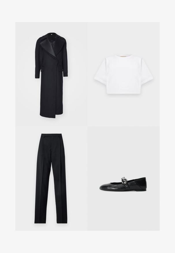 Garšs melns vilnas mētelis ar asu apkakli un priekšējām kabatām. Pielāgots dizains ar elegantu siluetu un minimālu detaļu skaitu.; Izgriezta balta T-krekla no mīksta auduma, ar īsām piedurknēm, apaļu apkakli un ribota apakšmala. Vienkāršs un neizpušķots dizains.; Melnas bikses, izgatavotas no gludas auduma, ar augstu vidukli, platiem bikšu galdniekiem, priekšējiem krokām un klasiskām jostu cilpām. Sānu kabatas nav redzamas.; Melnas ādas baleta kurpes ar smailu purngalu, ar siksniņu ar apaļu metāla sprādzi un platu zoli.