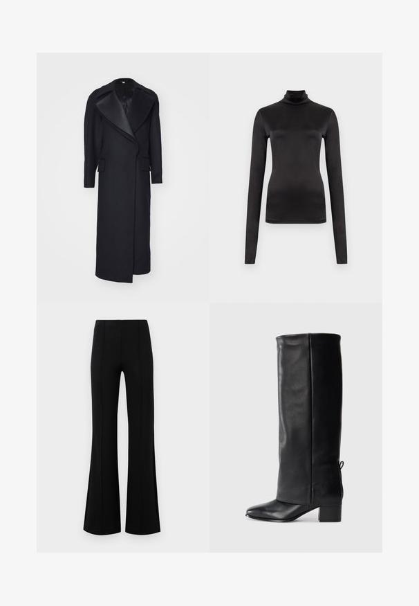 Lång svart kappa i ull med en skarp krage och framfickor. Skräddarsydd design med en elegant silhuett och minimal detaljering.; Långärmad svart polotröja gjord av mjukt, stretchigt material. Tätsittande design med hög hals och inga synliga mönster eller dekorationer.; Svarta vida byxor med hög midja, tillverkade av elastiskt tyg. Har vertikala sömmar framtill och en jämn yta.; Svarta läderknähöga stövlar med en slät yta, fyrkantig tå, klack i blockmodell och sidoremmar för justerbar passform.