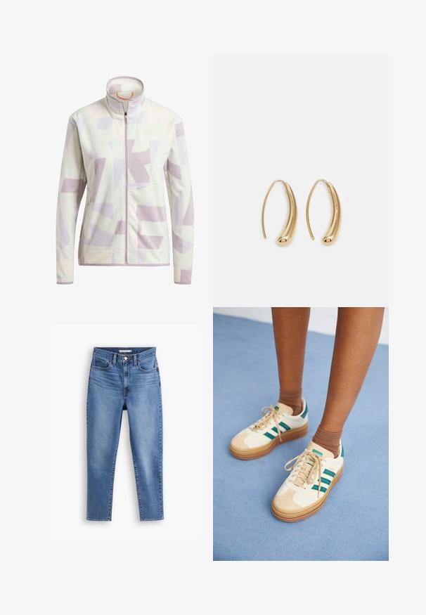 Flis s visokom ovratnikom u svijetloj krem boji s apstraktnim lavandom i bež geometrijskim uzorcima; ima prednji patentni zatvarač.; Bijela pamučna majica s okruglim izrezom i kratkim rukavima, s opuštenim krojem i minimalističkim dizajnom. Oznaka vidljiva na vratu.; Plave ženske traperice visokog struka s prednjim gumbom i patentnim zatvaračem, petljama za remen i dizajnom s pet džepova, položene na bijeloj pozadini.; Bež tenisice s tamnozelenim prugama, gumeni potplat, gornji dio od antilopa i tekstila, te neutralni dodaci, uparene s smešnim čarapama na svijetloplavoj površini.; Zlatne metalne naušnice u obliku obruča s zakrivljenim, izduženim oblikom. Imaju glatku, sjajnu površinu i zaobljeni vrh za dodatni detalj.