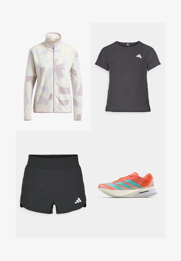 Helevalgedest kreemjas fliisjakki, millel on abstraktsed lavendlisi ja beeži geomeetrilised mustrid; sisaldab suurt kraed ja esimest lukku.; Lühikese varrukaga sportlik T-särk, tumehall, perforatsiooni tekstuuriga. Omab valget logo ja kontrastset külgtriipu. Ümar kaelus.; Mustavad sportlikud lühikesed püksid veniva vöökohtaga, millel on perforeeritud detailid ja valge Adidas logo alumisel vasakul küljel.; Jooksujalatsid hingava võrkkattega korallpunases ja akvamariin värvitoonis, millel on kolm triipu, pehme tald ja elegantne disain.