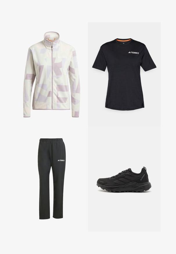 Fleece jacket in light cream with abstract lavender and beige geometric patterns; features a high collar and front zipper.; Black short-sleeve T-shirt with round neckline, featuring a subtle heather texture and white "TERREX" logo on the upper left side.; Black lightweight pants with an elastic waistband. Features a subtle “TERREX” logo in white. Smooth fabric and straight-leg design.; Black athletic shoes featuring a textured synthetic upper, lace closure, thick rubber sole, and discreet logo accents on the side and heel.