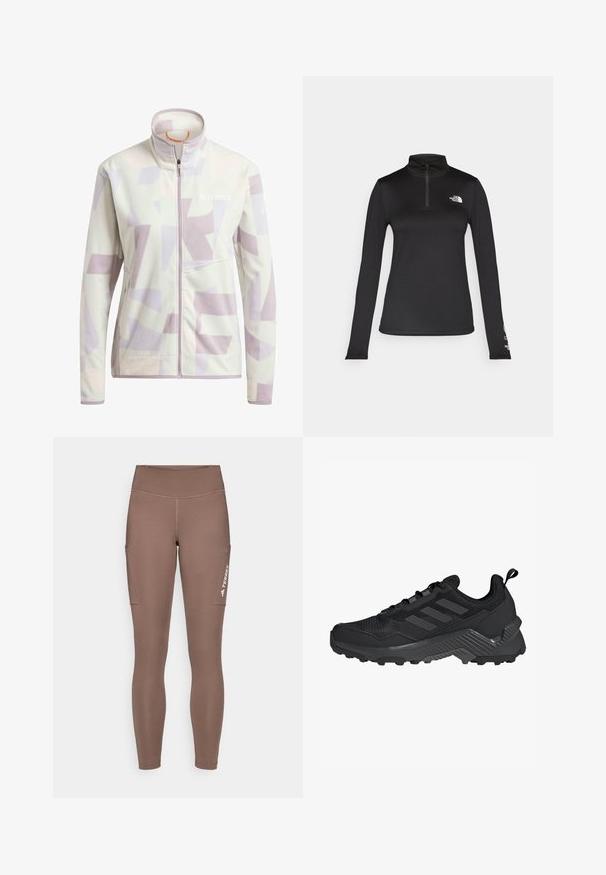 Fleecová bunda světle krémové barvy s abstraktními levandulovými a béžovými geometrickými vzory; obsahuje vysoký límec a přední zip.; The North Face FLEX 1/4 ZIP GRAPHIC - Top s dlouhým rukávem - black; Hnědé sportovní legíny s vysokým pasem, které mají boční kapsy a bílé logo. Hladký, pružný materiál pro pohodlí a pohyblivost.; Černá sportovní bota s síťovaným svrškem, designem se třemi pruhy, tvarovanou patou a robustní podrážkou s výraznými protiskluzovými výstupky.