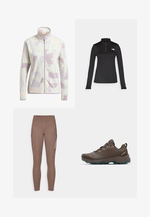 Fleecejacke in hellem Creme mit abstrakten lila und beigen geometrischen Mustern; verfügt über einen hohen Kragen und einen Frontreißverschluss.; The North Face FLEX 1/4 ZIP GRAPHIC - Langarmshirt - black; Braune Sportlegging mit einem hohen Bund, ausgestattet mit Seitentaschen und einem weißen Logo. Glatter, dehnbarer Stoff für Komfort und Bewegungsfreiheit.; Graue und türkisfarbene Wanderschuhe mit Netzpaneelen, strukturiertem Obermaterial und robustem Gummisohle. Mit gepolsterter Zunge und Schnürdesign.