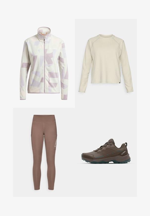 Flis jakna v svetlem kremu z abstraktnimi sivkastimi in bež geometričnimi vzorci; ima visok ovratnik in sprednji zadrgo.; Svetlo bež majica z dolgimi rokavi z teksturirano, rebrasto zasnovo. Ima raglan rokave in okroglo ovratnico. Diskreten logotip blagovne znamke na robu.; Rjave športne legice z visokim pasom, ki imajo stranske žepe in belo logo. Gladek, elastičen material za udobje in gibljivost.; Sive in temno zeleni pohodni čevlji z mrežastimi paneli, teksturiranim zgornjim delom in trpežnim gumijastim podplatom. Imajo podloženi jezik in vezalni sistem.