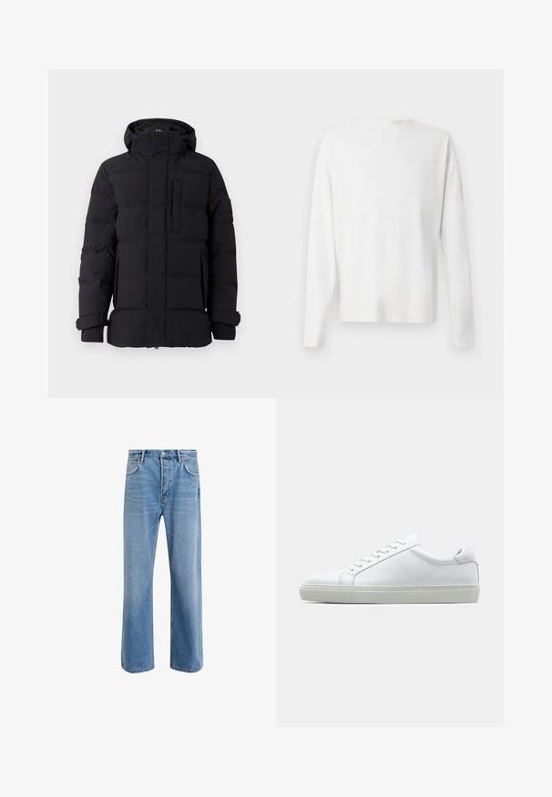 Casaco puff preto com colarinho alto, fecho de zip, bolso frontal e punhos elásticos. Textura suave com seções acolchoadas em todo o casaco.; Camisa de algodão branca de mangas longas com decote redondo, fendas laterais na parte inferior e uma textura suave, mostrada de trás.; Calças de ganga azul claro com um design de perna reta, cinco bolsos, fecho de botão, desgaste mínimo e detalhes de costura em contraste.; Sapatilha branca com um cabedal em couro liso e de perfil baixo. Apresenta um bico redondo, seis ilhoses e uma sola de borracha texturizada.