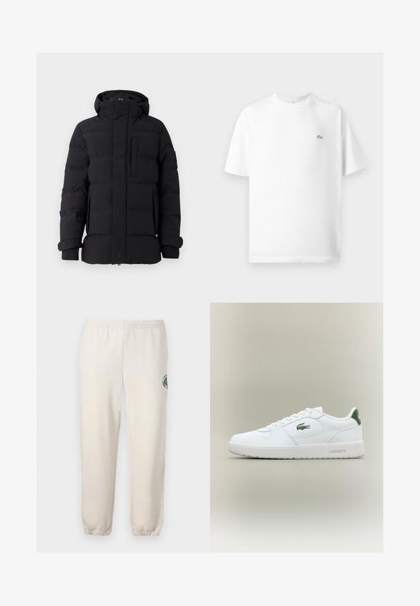 Fekete pehelydzseki magas gallérral, cipzáras záródással, elülső zsebbel és rugalmas mandzsettákkal. Simább textúrájú, párnázott részekkel az egész felületen.; Fehér pamut póló kerek nyakkal és rövid ujjakkal. Kicsi fekete Lacoste logó látható a mellkas bal oldalán.; Világos bézs szabadidőnadrág, pamutból készült, rugalmas derékkal, bordázott mandzsettákkal, és zöld logóval, amely leveleket ábrázol, a bal lábon.; Fehér bőr sneaker sima felülettel, zöld akcentussal a saroknál, és zöld logóval az oldalon. Lapos talpa és kerek orra van.