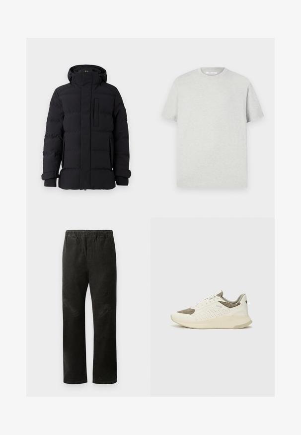 Crna puffer jakna s visokim ovratnikom, zatvaranjem na zip, prednjim džepom i elastičnim manžetama. Glatka tekstura s podstavljenim dijelovima kroz cijelu jaknu.; Svijetlo siva majica s kratkim rukavima izrađena od mekog materijala, s okruglim izrezom i opuštenim krojem bez vidljivih uzoraka ili aksesoara.; Crne kordura hlače sa ravnim krojem, s elastičnom gumom u struku i dva bočna džepa za praktičnost.; Bijele i svijetlosmeđe sportske tenisice, sa mrežastim gornjim dijelom, perforiranim detaljima i teksturiranim međutrakom sa brendom na peti.