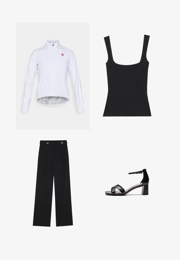 Biała kurtka rowerowa wykonana z lekkiego materiału, z zamkiem błyskawicznym z przodu, kołnierzem stójkowym i małym czerwonym logo na lewej piersi.; Czarny, prążkowany top na ramiączkach z kwadratowym dekoltem i cienkimi, regulowanymi ramiączkami. Tkanina ma teksturowany wzór i dopasowany krój.; Czarne szerokie spodnie z wysokim stanem, z detalami w postaci guzików na pasku oraz plisami z przodu.; Czarna sandał z odkrytymi palcami na obcasie z krzyżującymi się paskami, regulowanym paskiem na kostkę i masywnym obcasem, z gładką skórzaną teksturą.