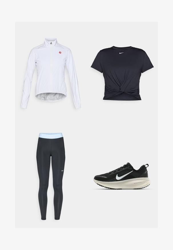 Balta dviračio striukė pagaminta iš lengvo audinio, su priekiu užtrauktuku, stovinčiu apykakle ir mažuoju raudonu logotipu kairėje krūtinės pusėje.; Juodas sportinis marškinėlis, pagamintas iš lygios medžiagos, su surišta priekiu ir mažu baltu Nike logotipu ant krūtinės.; Juodos sportinės legging'os su šviesiai mėlynu juosmeniu, ant kurio užrašyta "NIKE PRO"; glotni tekstūra ir prigludusi forma. Balta Nike logotipas kairėje pusėje.; Juodas Nike sportinis batelis su kvėpuojančiu tinklu, baltu swoosh logotipu, tekstūruoto dizaino detalėmis ir grietinėlės spalvos ZoomX viduriu.