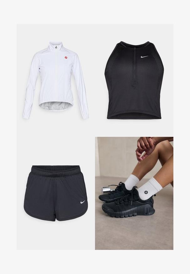 Jaqueta de ciclismo branca feita de material leve, com fecho na frente, gola alta e um pequeno logótipo vermelho no lado esquerdo do peito.; Top cropped atlético preto com fecho à frente, acentos em malha e um design ajustado. Feito de tecido elástico e respirável. Logótipo da Nike na frente.; Calções atléticos pretos com cintura elástica, apresentando um design desportivo e um logótipo Nike branco na parte inferior da frente. Tecido texturizado.; Sapatilhas atléticas pretas com tecido texturizado, design com atacadores e uma sola proeminente, emparelhadas com meias brancas com nervuras e um pequeno logótipo.