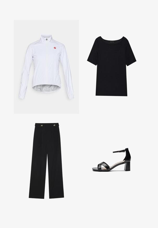 Bijela biciklistička jakna od laganog materijala, s prednjim zatvaračem, stojećim ovratnikom i malim crvenim logom na lijevoj strani prsiju.; Crna majica s kratkim rukavima i širokim izrezom. Izrađena od mekog, laganog materijala. Jednostavan dizajn bez uzoraka ili detalja.; Crne hlače širokih nogavica s visokim strukom, s dugmadi na pojasu i prednjim nabora.; Crne sandale s otvorenim prstima i potpeticama, s ukriženim trakama, podesivom narukvicom oko gležnja i masivnom potpeticom, izrađene od glatke kože.