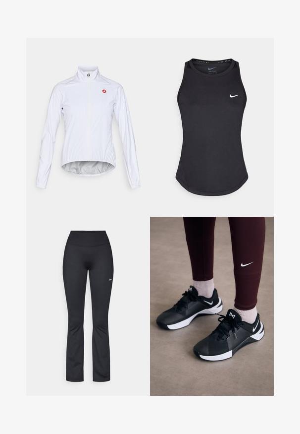 Witte fiet jacket gemaakt van lichtgewicht materiaal, met een ritssluiting aan de voorkant, opstaande kraag en een klein rood logo op de linkerborst.; Zwarte sporttanktop gemaakt van vochtregulerend materiaal. Heeft een ronde hals, een smalle pasvorm en het witte Nike-logo op de borst.; Zwarte sportleggings met een hoge tailleband, gemaakt van glad, rekbaar materiaal. Voorzien van een klein wit Nike-logo op de linker dij.; Zwarte sportieve schoenen met een gestructureerde bovenkant en witte accenten, voorzien van veters en een zijlogo. Dragen met bordeauxrode leggings en lichte sokken.