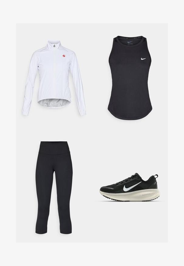 Jachetă albă de ciclism, confecționată din material ușor, având fermoar frontal, guler în picioare și un mic logo roșu pe partea stângă a pieptului.; Tricou sport negru fără mâneci, fabricat dintr-un material care absoarbe umezeala. Are un decolteu rotund, o croială ajustată și un logo alb Nike pe piept.; Leggings negre scurte, fabricate dintr-un material elastic, având o talie înaltă și o textură netedă, fără modele sau accesorii vizibile.; Pantofii de alergare negri de la Nike, cu parte superioară din plasă respirabilă, logo-ul alb Swoosh, detalii texturate și o talpă intermediară ZoomX de culoare crem.