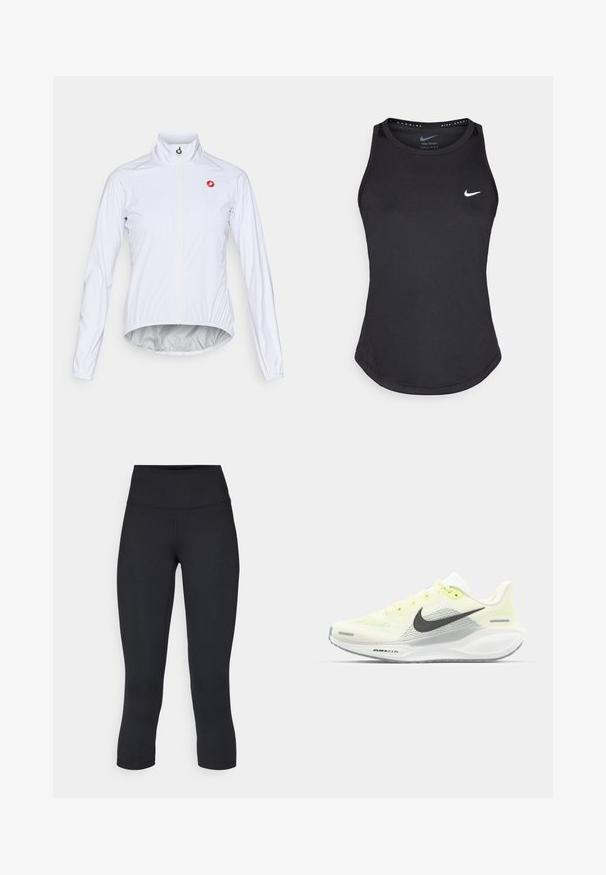 Weiße Fahrradjacke aus leichtem Material, mit einem Reißverschluss vorne, Stehkragen und einem kleinen roten Logo auf der linken Brust.; Schwarzes Sporttanktop aus feuchtigkeitsableitendem Material. Mit Rundhalsausschnitt, enger Passform und weißem Nike-Logo auf der Brust.; Schwarze, cropped Leggings aus dehnbarem Material, mit einem hohen Bund und glatter Textur, ohne sichtbare Muster oder Hardware.; Nike Laufschuhe mit einem hellgelben und weißen Mesh-Obermaterial, grauen Akzenten und einer flexiblen Gummisohle. Verfügt über einen Schnürverschluss.