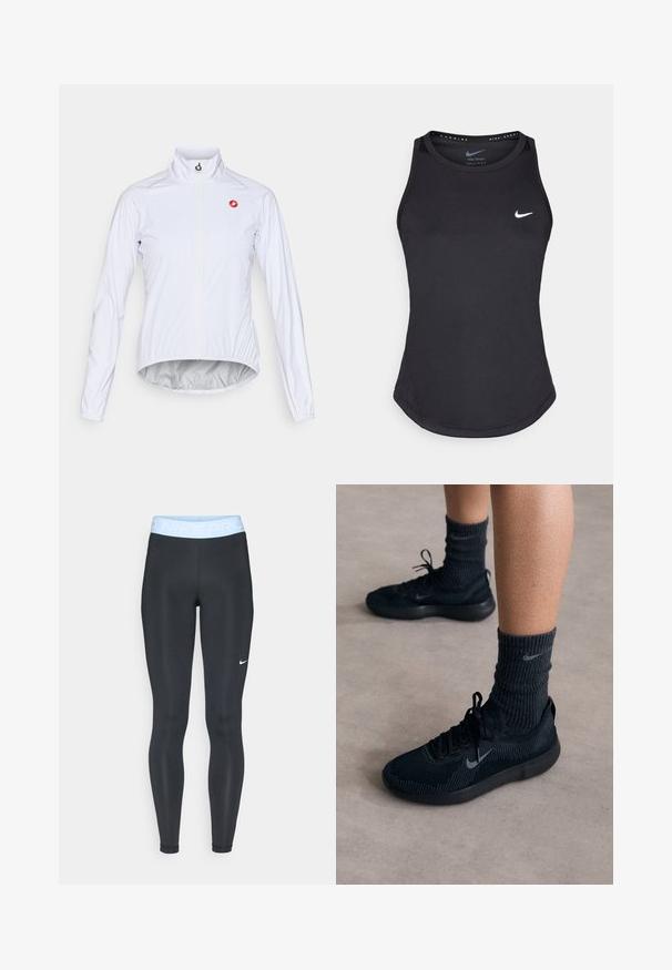 Hvit sykkeljakke laget av lett materiale, med frontglidelås, stående krage, og en liten rød logo på venstre bryst.; Svart atletisk tanktopp laget av fukttransporterende materiale. Har rund hals, slim fit og hvit Nike-logo på brystet.; Sorte treningstights med en lyseblå midje som har "NIKE PRO"-tekst; glatt tekstur og tettsittende design. Hvit Nike-logo på venstre side.; Sorte Nike-sko med teksturert strikket overdel, med en grå swoosh-logo, kombinert med mørke, ribbede sokker. Flat gummisål.