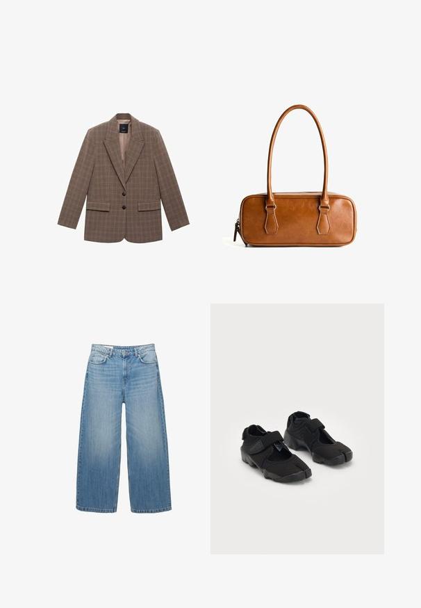 Bordeaux kvadratni blejzer, izdelan iz teksturirane tkanine, z izrezanim ovratnikom, dvema sprednjima žepoma in dvema črnima gumboma za zapiranje.; Siv pleten kardigan z okroglim izrezom, spuščenimi rameni, zapenjanjem na gumbe in rebrastimi manšetami na rokavih ter robu.; PULL&BEAR Top - white; Svijetloplave široke traperice napravljene odDenima, s klasičnim dizajnom pet džepova i zatvaranjem na gumbe. Ispucala tekstura kroz cijelu površinu.; Črne vodne čeveljce, izdelane iz fleksibilnega blaga, z Velcro trakom, ki se ponašajo z edinstvenim dizajnom razdeljenega prsta in teksturirano gumo podplata za boljši oprijem.; Brahno usnjeni ročni torbica z dvema dolgima ročkama, pravokotne oblike, gladke teksture, z zadrgo in srebrnimi kovinskimi dodatki.