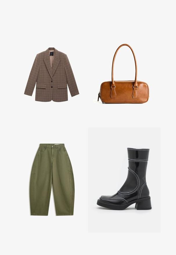 Blazer cu carouri maro, realizat dintr-un material texturat, având rever înclinat, două buzunare frontale și două nasturi negri la închidere.; Hanorac gri deschis dintr-un material moale, având un buzunar frontal tip kangaroo, glugă ajustabilă și manșete și tiv din material ribbit.; Pantaloni largi de culoare verde măsliniu, confecționați din bumbac, cu talie înaltă, buzunare frontale și o textură fină. Fără aplicații sau modele.; Cizmă ankle din piele patent neagră cu cusături albe, vârf rotund și toc pătrat. Prezintă linii de design curbe și o textură netedă.; Geantă de umăr din piele maro, cu două mânere lungi, formă rectangulară, textură netedă, închidere cu fermoar și accente din metal de culoare argintie.