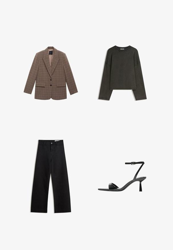 Blazer cu carouri maro, realizat dintr-un material texturat, având rever înclinat, două buzunare frontale și două nasturi negri la închidere.; Tricou lung cu maneci gri închis, realizat dintr-un amestec de bumbac. Formă pătrată cu guler rotund și umeri căzuți, prezentând cusături vizibile.; Pantaloni din denim negri cu picioare largi, cu talie înaltă, având buzunare frontale și posterioare, cusături dublate și închidere cu nasture. Textură netedă.; Bershka Sandale cu toc - black