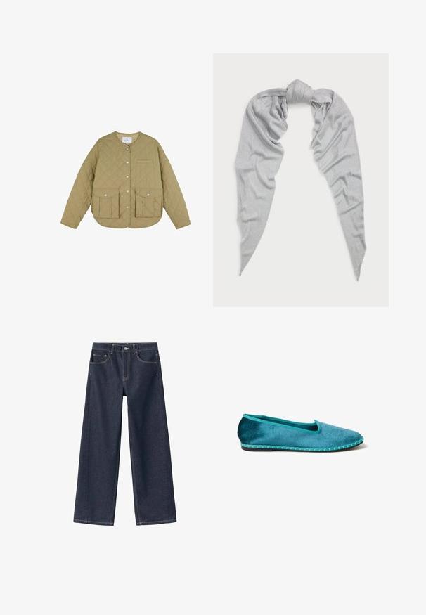 Veste matelassée beige avec un col rond, boutons-pression, une poche poitrine et deux poches avant. Texture douce et coupe décontractée.; T-shirt en coton gris avec un col rond, des manches courtes retroussées et un logo brodé discret sur la poitrine. Texture douce et coupe décontractée.; Pantalon en denim bleu foncé à jambes larges avec taille haute, coutures visibles, deux poches avant et bouton de fermeture à la taille.; Chaussure plate en velours turquoise avec un bout arrondi, une bordure en tissu et des coutures contrastantes le long du bord extérieur, dotée d'une semelle noire fine.; Écharpe argentée fabriquée à partir d'un tissu doux et texturé. Elle présente un centre noué et des extrémités allongées et effilées avec un éclat subtil.; Collier en métal doré avec trois brins de perles blanches irrégulières entrecoupés de petites perles dorées. Fermoir ajustable à l'arrière.
