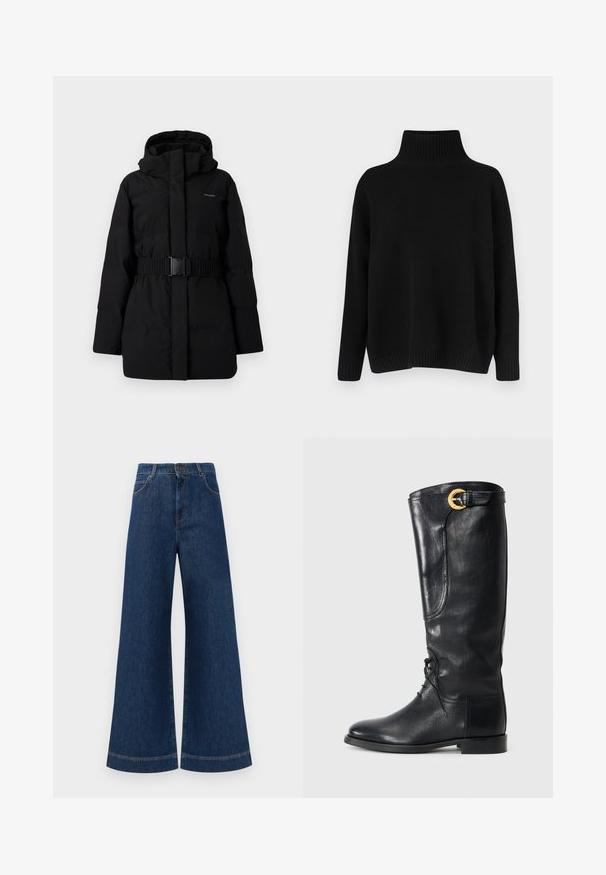 Must mustaga päikesevälja, millel on vöökohaga kõrge krae ja kapuuts. Sujuv, mati tekstuur ilma nähtavate mustrite või aktsentideta. Minimalistlik disain.; Mustast riidest kudumiga kampsun, millel on kõrge soonikuga krae, allapoole langetatud õlad ja lõdvestunud lõige. Omadusena soonikuga mansetid ja alumine ääreosa, mis lisavad tekstuuri.; Laia siniste denim pükste suur jalg, kõrge vöökoht, nupuga kinnitamine, vöökohad ja peened õmblusdetailid taskute ja äärte ääres.; Mustast nahast põlvekõrgune saabas, millel on ümar varvas, nööbitav esikülg, külgedel detailid ja kuldne aksessuaar lõpus. Sujuv tekstuur.