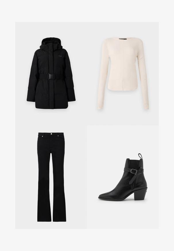 Czarna, pikowana kurtka z paskiem w talii, wysokim kołnierzem i kapturem. Gładka, matowa tekstura bez widocznych wzorów czy akcentów. Minimalistyczny design.; Długi rękaw, jasnobeżowa bluzka z okrągłym dekoltem. Wykonana z miękkiego materiału, posiada centralny szew oraz lekko zaokrąglony dół. Brak widocznych elementów metalowych.; Czarne dzwony z denimu, z dwoma przednimi kieszeniami, zapięciem na guzik i gładką fakturą. Widoczne charakterystyczne szycie na szwach.; Czarne skórzane botki za kostkę z wąskim noskiem, słupkowym obcasem i z boku zapięciem na klamrę. Posiadają gładką fakturę oraz pętelkę z tyłu.