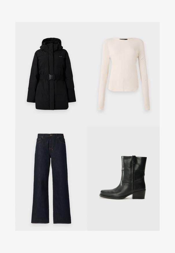 Mustapintainen untuvatakki, jossa on vyöllä säädettävä vyötärö, korkea kaulus ja huppu. Suora, matta pinta, jossa ei ole näkyviä kuvioita tai koristeita. Minimalistinen muotoilu.; Pitkähihainen, vaaleanbeige paita, jossa on pyöreä kaula-aukko. Valmistettu pehmeästä kankaasta, jossa on keskeinen sauma ja hieman kaareva helma. Ei näkyvää metalliosaa.; Tummansiniset leveät farkut, jotka on valmistettu denimistä, oransseilla saumoilla, jossa on kaksi etutaskua ja nappikiinnitys vyötäröllä.; Musta nahkasaapas nilkkamittaisella varrella, pyöreällä kärjellä, lohkarekorolla, sivuvetoketjulla ja ompeluaksentilla varren yläosassa. Suora pinta, klassinen muotoilu.