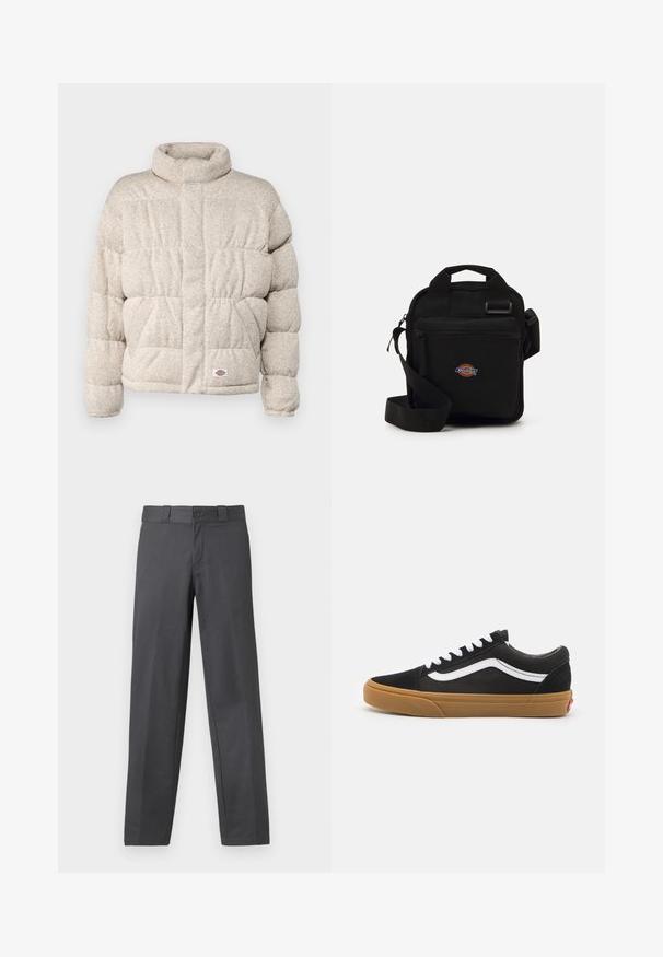 Polstret jakke i lys beige stof med høj krave, prydet med et quiltet mønster og et lille logo-patch i kanten.; Lys grå genser laget av mykt stoff, med rund hals, lange ermer og ribbestrikkede mansjetter og kant. Minimalistisk design uten mønstre.; Grå bukser laget av glatt stoff, med en rett ben-design, knappelukking og beltehemper; minimale sømmer og uten mønster.; Svarte semskete joggesko med hvit side stripe, hvite snørebånd og såle i gummigummi. Klassisk lavt design med teksturerte detaljer og rund tå.; Svart crossover-veske med en glidelåslomme, rektangulær form, laget av stoff, med et logo-påbud på forsiden, justerbar skulderrem.