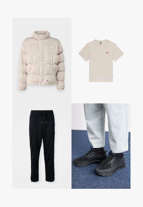 Veste matelassée en tissu beige clair avec un col montant, dotée d'un design matelassé et d'un petit patch logo en bas.; T-shirt en coton couleur crème avec manches courtes, encolure ronde et un petit logo brodé multicolore sur la poitrine.; Pantalons décontractés noirs à taille à cordon de serrage avec poches latérales et coupe droite sur fond uni.; Des chaussures de sport noires avec un tissu texturé et des semelles en caoutchouc, dotées de lacets élastiques et d'un accent bleu au talon. Portées avec un pantalon en denim clair.