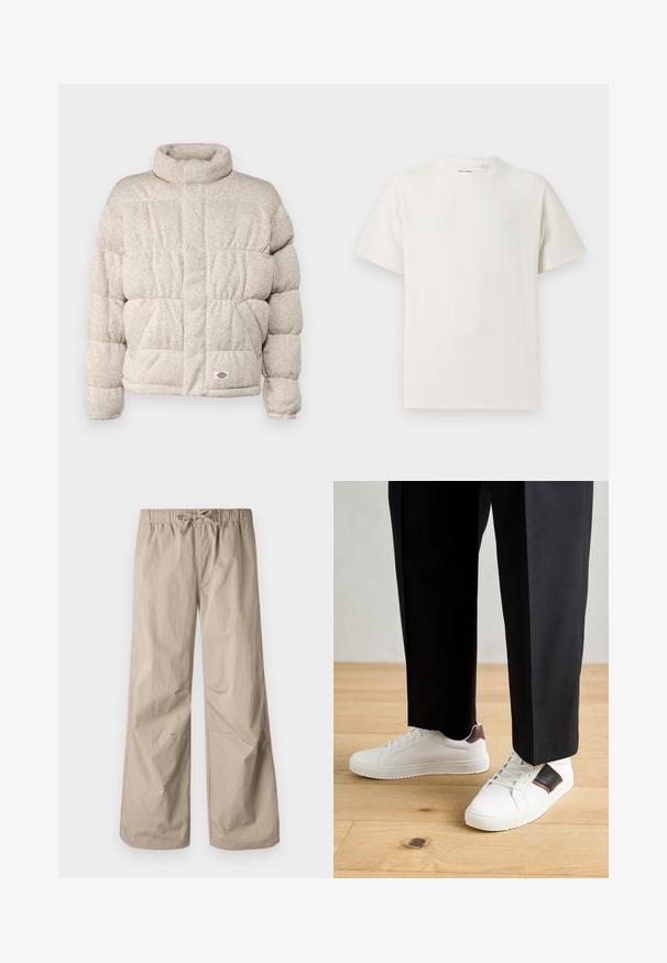 Padací bunda z lehkého béžového materiálu s vysokým límcem, s prošívaným designem a malou nášivkou s logem na lemu.; Bílý krátký rukáv tričko s pružnou strukturou. Kulatý výstřih, volný střih, bez viditelných vzorů nebo detailů. Jednoduchý a univerzální design.; Béžové kalhoty širokého střihu s elastickým pasem a stahovací šňůrkou. Hladký materiál, dvě boční kapsy a minimální švy pro uvolněný fit.; Bílé tenisky s hladkým povrchem, s hnědými koženými akcenty a černými detaily, kombinované s černými kalhotami na míru. Pozadí tvoří dřevěná podlaha.