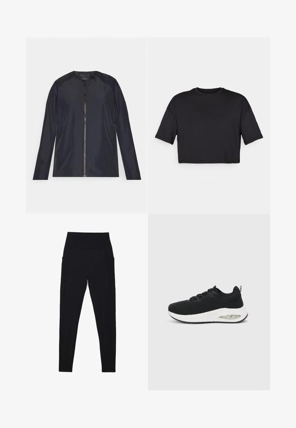 Námornícka modrá ľahká bunda s okrúhlym výstrihom, plným predným zipsom a dlhými rukávmi. Hladká, vodoodpudivá tkanina s minimálnymi detailmi.; Čierny crop top vyrobený z mäkkej tkaniny, s okrúhlym výstrihom a krátkymi, širokými rukávmi, s jednoduchým, bezšvovým dizajnom.; Čierne legíny vyrobené zo elastického materiálu s vysokým, rebrovaným pásom. Obsahujú bočné vrecká a bezšvový dizajn pre pohodlie.; Čierne športové tenisky s textúrovaným pleteným zvrškom, bielou medzipodrážkou a viditeľným detailom vzduchového odpruženia. Vybavené čiernymi šnúrkami a pútkom.