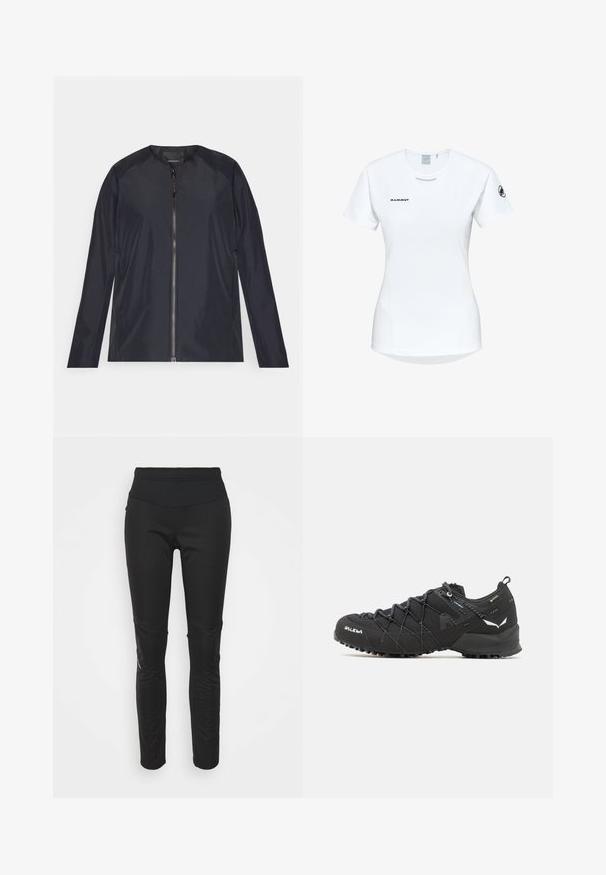 Veste légère bleu marine, avec un col rond, une fermeture éclair sur toute la longueur devant et des manches longues. Tissu lisse, résistant à l'eau et avec un design minimal.; T-shirt de sport à manches courtes, blanc, avec un col rond, arborant un logo sur la poitrine et une texture de tissu lisse et léger.; Leggings de sport noirs avec une taille haute, texture lisse, détail de logo et accents en panneaux latéraux pour un intérêt visuel supplémentaire.; Chaussures de randonnée noires avec une tige en tissu texturé, un système de laçage et une semelle en caoutchouc robuste. Agrémentées de détails réfléchissants et de logos.