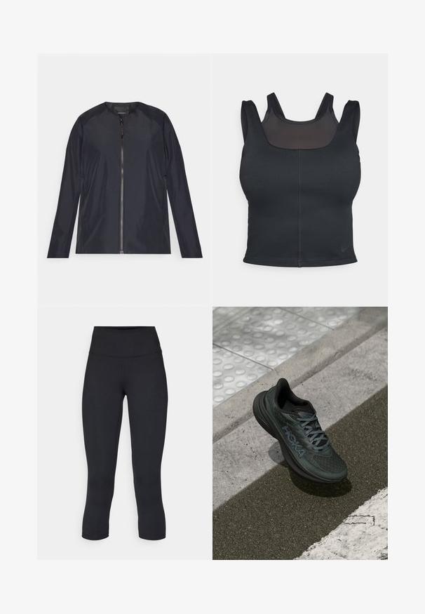Mørkeblå letvægtsjakke med rund halsudskæring, fuld frontlynlås og lange ærmer. Glat, vandafvisende stof med minimal dekoration.; Sort sportsbh med en tætsiddende design, brede stropper og et netoverlag på fronten. Glat tekstur og minimale sømme. Nike logo på kanten.; Sorte cropped leggings lavet af stretchy materiale, med en høj talje og blød tekstur, uden synlige mønstre eller hardware.; Sort løbesko med mesh-overdel, teksturerede detaljer og logo, der har en polstret sål og grå snørebånd, placeret på fortovet.
