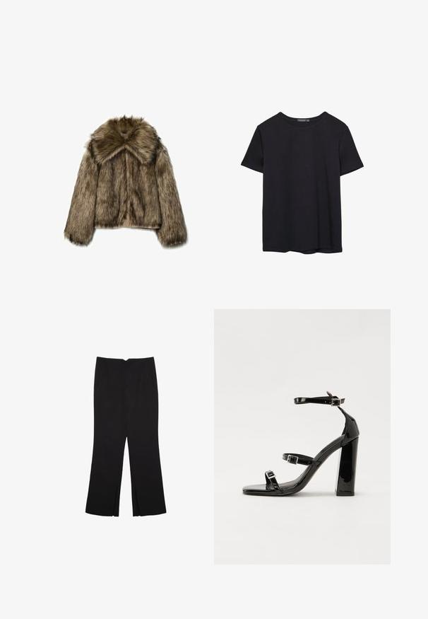 Jaket od umjetnog krzna u smeškastim tonovima, sa širokim ovratnikom, dugim rukavima i zatvaranjem na rajsferšlus. Tekstura je pahuljasta s mekim, luksuznim izgledom.; Pura crna pamučna majica kratkih rukava s okruglim izrezom, prikazana na bijeloj pozadini.; Crne hlače ravnog kroja, s prednjim džepovima i bočnim prorezima na rubu. Izrađene od mekog i glatkog materijala. Pogodne za razne prigode.; Crne lakirane sandale na pete sa kvadratnim nosom, trakama oko gležnja i srebrnim kopčama. Imaju čvrst blok petu za stabilnost.