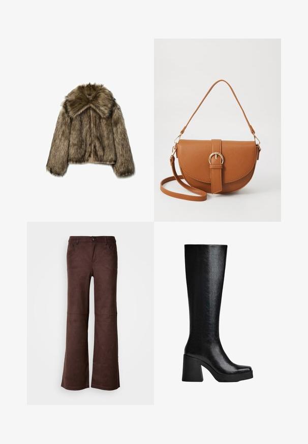 Jaket od umjetnog krzna u smeškastim tonovima, sa širokim ovratnikom, dugim rukavima i zatvaranjem na rajsferšlus. Tekstura je pahuljasta s mekim, luksuznim izgledom.; Bijela oversized kratkodlaka majica s okruglim izrezom, labavog kroja, prikazana ravno na svijetlo sivoj pozadini.; Smeđe široke hlače od mekog, materijala nalik na nubuk. Imaju četiri džepa, zatvaranje na dugme i glatku, teksturiranu površinu.; Crna čizma do koljena izrađena od teksturiranog sintetičkog materijala, s četvrtastim vrhom, debelim visokim potplatom i glatkom, sjajnom površinom.; Smeđa kožna torba preko tijela s zakrivljenim oblikom, zlatnim metalnim detaljima i naglaskom na kopču. Ima odvojivu naramenicu.