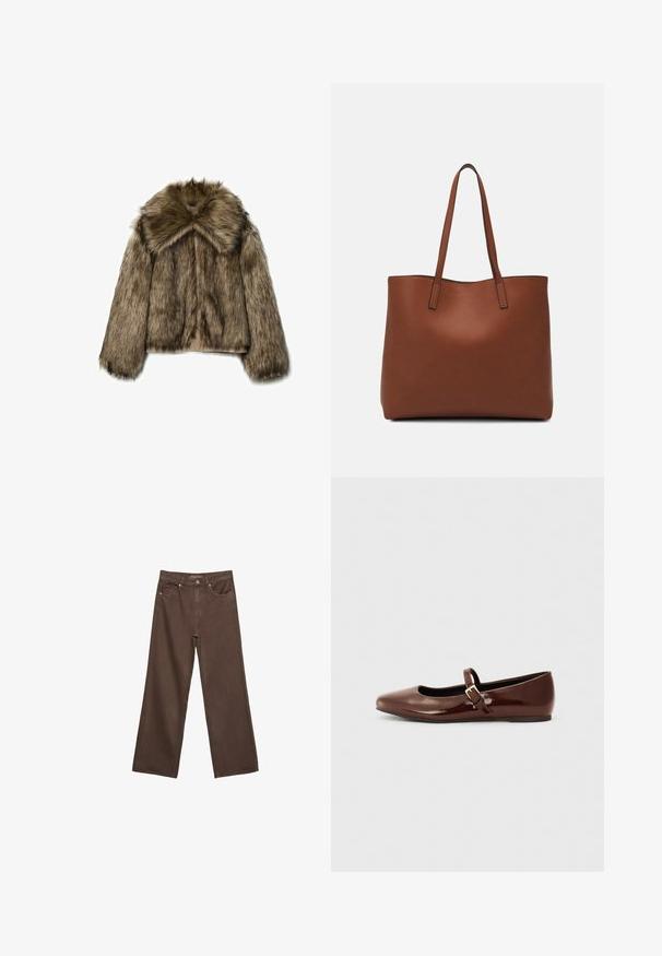 Faux fur jakke i brune nuancer, med en bred krave, lange ærmer og lynlås. Teksturen er fluffy med et blødt, luksuriøst udseende.; Brun kortærmet t-shirt lavet af blødt stof, med rund halsudskæring og afslappet pasform. Ingen synlige mønstre eller detaljer.; Bredde ben brun denim jeans med høj talje, forlommer og klassisk knaplukning. Glat tekstur med diskret syninger.; Brun patentlæder balletflade med firkantet tå og strop med en lille guldbuckle. Glat tekstur, lav hæl og minimalistisk design.; Brun læder tote taske med en glat overflade, åben topdesign og to skulderremme. Har minimal syning og ingen synlig hardware.