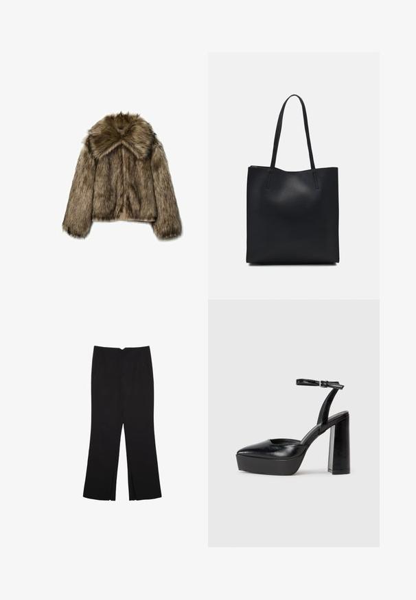 Tekoturkistakki ruskeissa sävyissä, jossa on leveä kaulus, pitkät hihat ja vetoketjusuljenta. Tekstuuriltaan se on pörröinen ja sillä on pehmeä, ylellinen ilme.; Mustat lyhyet hihavat t-paidat, jotka on valmistettu puuvillasta. Ominaisuuksiin kuuluu pyöreä kaula-aukko ja löysä istuvuus sekä sileä, yksinkertainen pinta. Ei näkyviä kuvioita tai koristeita.; Mustat housut suoralinjaisella leikkauksella, joissa on etutaskut ja sivurei'ät helman alla. Valmistettu pehmeästä ja sileästä kankaasta. Sopii eri tilaisuuksiin.; Mustat korkeat platform-kengät, joissa on terävä kärki ja säädettävä nilkkaremmi. Valmistettu sileästä nahasta ja varustettu paksulla lohkokorkeudella.; Mustapahkainen kangaskassi, jossa on sileä pinta, suorakaiteen muotoinen ja kaksi pitkää kahvaa. Ei näkyvää metalliosaa tai koristeita.