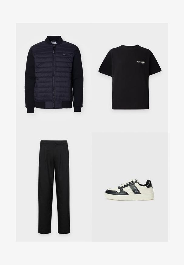 Marinblå bomberjacka med quiltat framstycke, ribbade ärmslut och dragkedjestängning, prydd med en logotagg på bröstet. Mjuk textur.; Svart bomull t-shirt med rund halsringning, korta ärmar och liten vit logotext på vänster bröst. Enkel design, klassisk passform.; Svarta byxor i slät väv, med rak ben-design, två framfickor och standardmidja med bälteshällor.; Läder sneakers med en svart och krämfärgad färgsättning, med perforerade detaljer, en vadderad krage och en strukturerad yttersula.