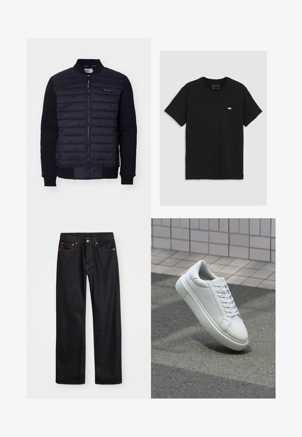 Marineblå bomberjakke med quiltet front, ribbede mansjetter og glidelås, med et logo-merke på brystet. Myk tekstur.; Svart bomulls t-skjorte med korte ermer, rund halslinning, har en liten hvit Levi's-logo på brystet, glatt tekstur, klassisk passform.; Men's straight-leg svarte denim jeans med fem lommer og oransje søm, knapp og glidelås lukking foran på midjen.; Hvit lær sneaker med glatt overflate, rund tå og flate hvite snøringer. Har en teksturert gummisåle og minimale design elementer.