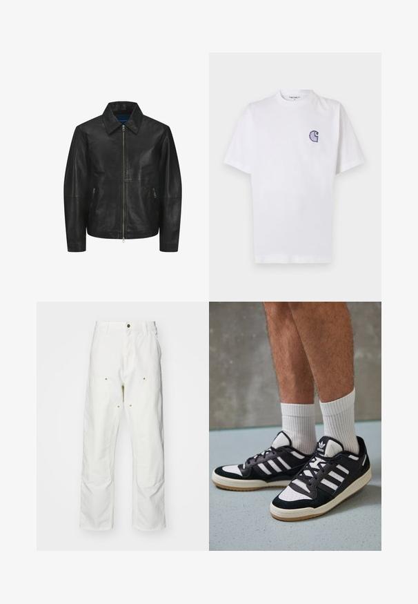Giacca in pelle nera con texture liscia, colletto, zip frontale e due tasche laterali con zip. Design semplice e strutturato.; Maglietta bianca in cotone con maniche corte, scollo rotondo e un piccolo logo "C" blu ricamato sul lato sinistro del petto.; Pantaloni cargo bianchi in cotone con vestibilità rilassata. Tra le caratteristiche ci sono tasche frontali, dettagli in metallo dorato e sezioni rinforzate sulle ginocchia.; Sneaker bianco e nero con tomaia in suede e pelle, caratterizzati da tre strisce bianche, punta perforata e suola in gomma naturale.