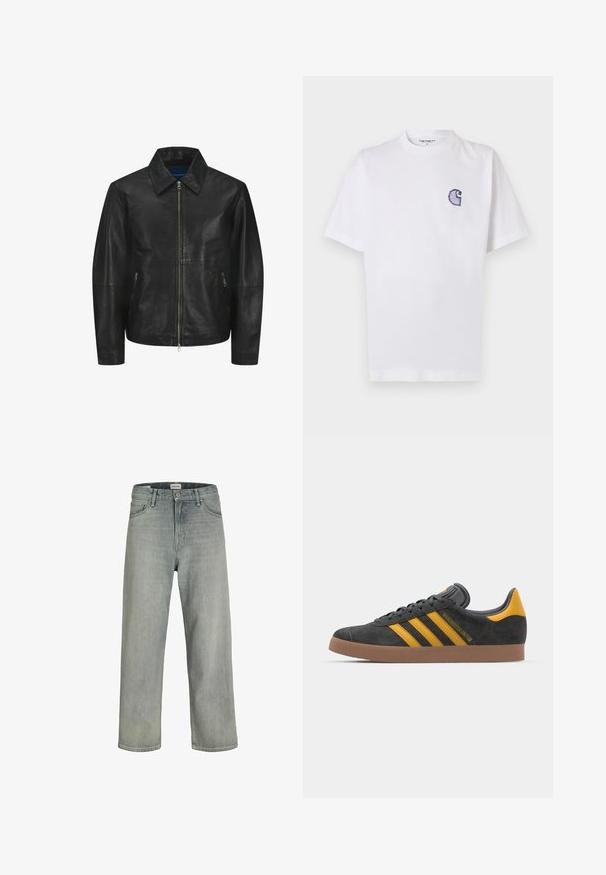Giacca in pelle nera con texture liscia, colletto, zip frontale e due tasche laterali con zip. Design semplice e strutturato.; Maglietta bianca in cotone con maniche corte, scollo rotondo e un piccolo logo "C" blu ricamato sul lato sinistro del petto.; Jeans grigi chiaro, con vestibilità comoda, realizzati in denim. Presentano un classico design a cinque tasche, passanti per cintura e una silhouette a gamba dritta.; Sneaker in suede nero con dettagli gialli, dotato di tre strisce e una suola in gomma marrone. Include una linguetta imbottita per il comfort.