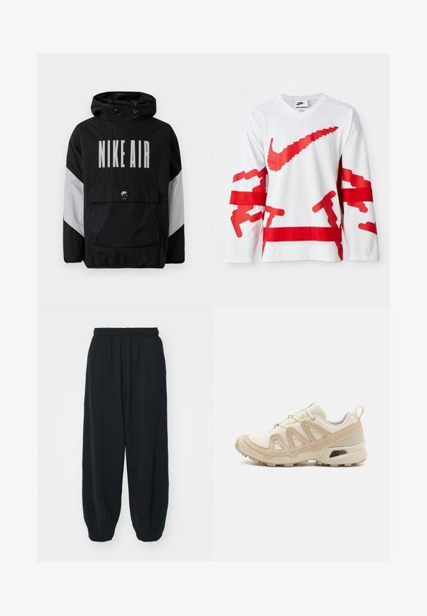 Fekete szélálló dzseki kapucnival, nagyméretű fehér "NIKE AIR" felirattal. Szürke díszítéssel a vállakon és egy elülső zsebbel. Elegáns kialakítás.; Fehér, hosszú ujjú dzseki piros grafikai elemekkel, beleértve egy nagy Nike logót, hálós textúrával és kontrasztos vízszintes piros csíkokkal.; Fekete, rugalmas derékpántos melegítőnadrág, laza fit, véget érő szárakkal, sima textúrával, látható minták vagy hardver díszek nélkül.; Beige és krém színű sportcipő, texturált hálós felsőrésszel, támogató burkolattal és gumitalppal, amely tapadás érdekében bordázott mintázattal rendelkezik.