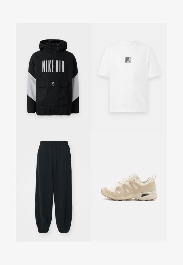 Svart vindjacka med huva, med "NIKE AIR" i stora vita bokstäver. Grå detaljer på axlarna och en framficka. Smidig design.; Vit bomullströja med en central svart och grå logografik. Klassisk rund halsringning och korta ärmar med en avslappnad passform.; Svarta, elastiska sweatpants med lös passform, mudd vid anklarna, slät textur och utan synliga mönster eller detaljer i metall.; Beige och krämfärgad atletisk sko med texturerad meshovandel, stöttande överdrag och gummisulor med ett mönster för grepp.
