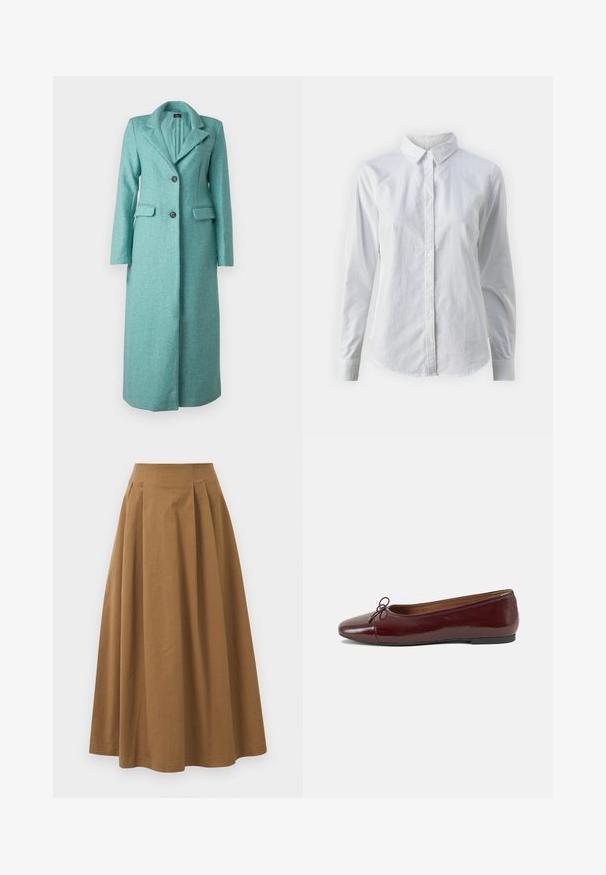 ONLY ONLEMMAX LONG COAT - Cappotto classico - lush meadow; Camicia bianca con bottoni, realizzata in cotone liscio, dotata di un colletto classico, maniche lunghe e orlo curvo. I bottoni sono piccoli e bianchi.; Gonna A-line in cotone marrone con vita alta, caratterizzata da pince sulla parte anteriore e una texture liscia. Le finiture dell'orlo sono pulite e semplici.; Ballerine in pelle verniciata bordeaux con punta arrotondata, piccolo fiocco decorativo sulla parte anteriore e suola bassa in gomma nera. Texture liscia.