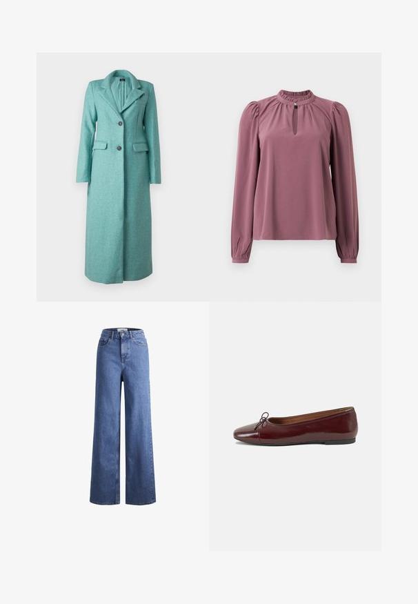 ONLY ONLEMMAX LONG COAT - Klassisk frakke - lush meadow; Langermet mauve bluse med samlet krave, nøglehul-udskæring med knaplukning og let puffede skuldre.; Lyseblå denim brede bukser med høj talje, to frontlommer og synlige stikninger. Har en knap- og lynlåslukning.; Bordeaux patentlæder balletflad med rund tå, lille sløjfeaccent foran og en lav, sort gummisål. Glat tekstur.