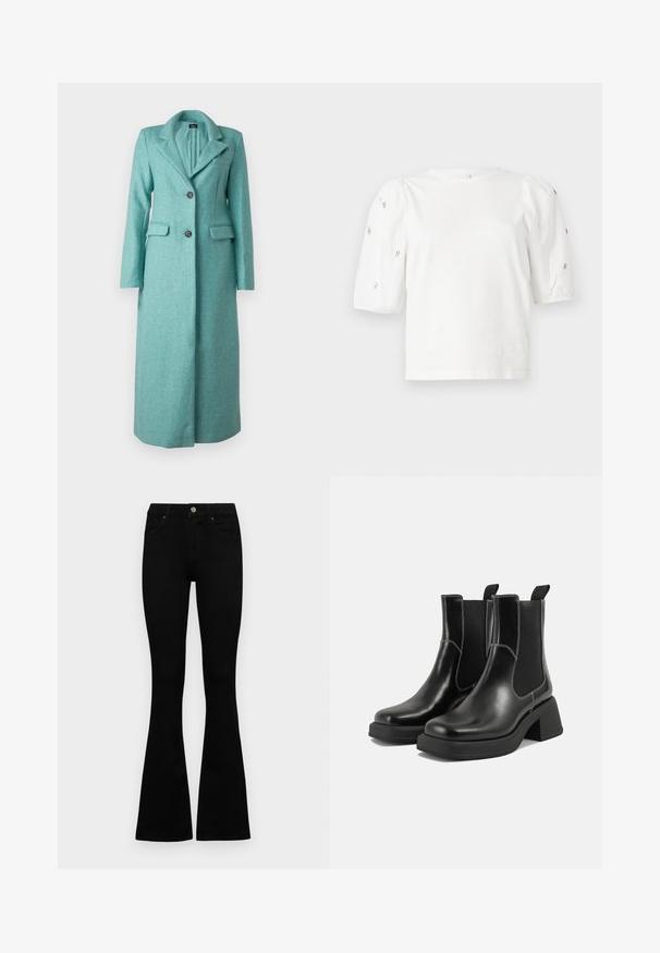 ONLY ONLEMMAX LONG COAT - Klassikaline mantel - lush meadow; Valge puuvillane T-särk lühikeste puffkäistega, millel on väikesed hõbedased kaunistused käiste servades. Klassikaline ümmargune kaelus, vaba ja mugav lõige.; Mustad kõrge vöökohtadega teksad, millel on nööp ja lukuga sulgemine, esikäe taskud ja laienevad sääred, asetatud tasasele valgele taustale.; Must musta Chelsea saapad, millel on paks konts, elastsed külgpaneelid ja kontrastne valge õmblus. Tekstuuriga viimistlus.