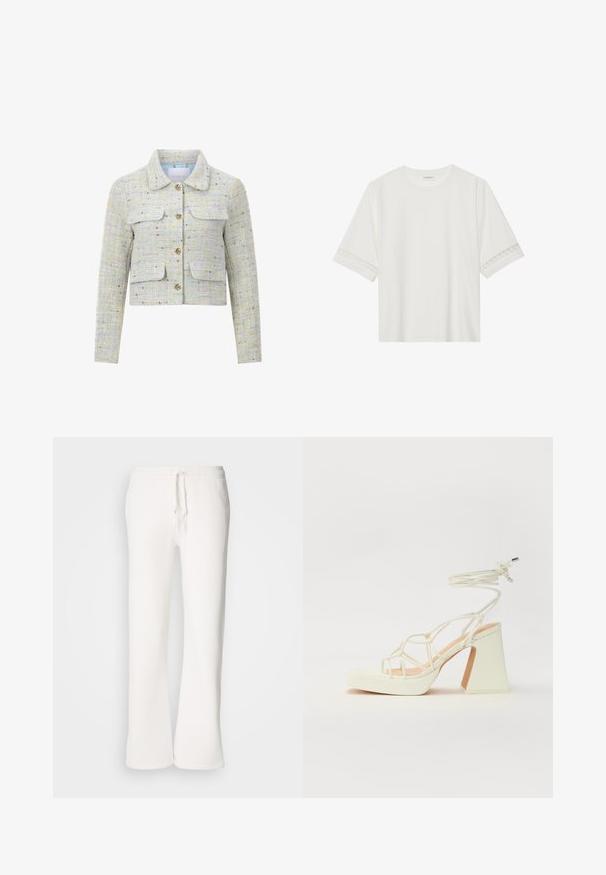Beskaaret jakke lavet af pastelfarvet tweed med gyldne trådindlæg. Har en krave, knappelukning og to forlommer.; Hvid kortærmet t-shirt lavet af bomuld, med dekorativ blondekant langs ærmerne og en rund halsudskæring.; Hvide, afslappede sweatpants lavet af blødt materiale, med elastisk talje og snor samt lige ben.; Hvide højhælede sandaler med en kraftig hæl, der har et stropdesign og ankelbinding. Glat tekstur med en platform foran for ekstra højde.